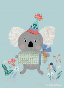 card kaart happy birthday verjaardagskaart greetingcard koala bird present cadeautje illustratie kids kinderboek