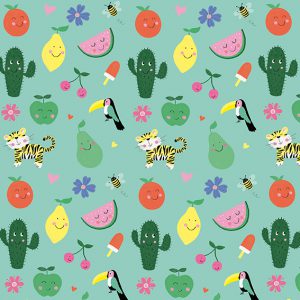 tijger toekan bloemen fruit happy summer print pattern illustratie kids illustration licencing fruit cactus icecream bumblebee bij ijsje stationary freelance designer illustrator utrecht