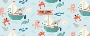 surface pattern design prints kids baby illustration rabbit boat boys sea animals Utrecht so happy design